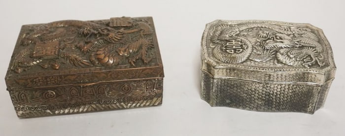 2 AIAN EMBOSSED METAL TRINKET/DRESSER BOXES