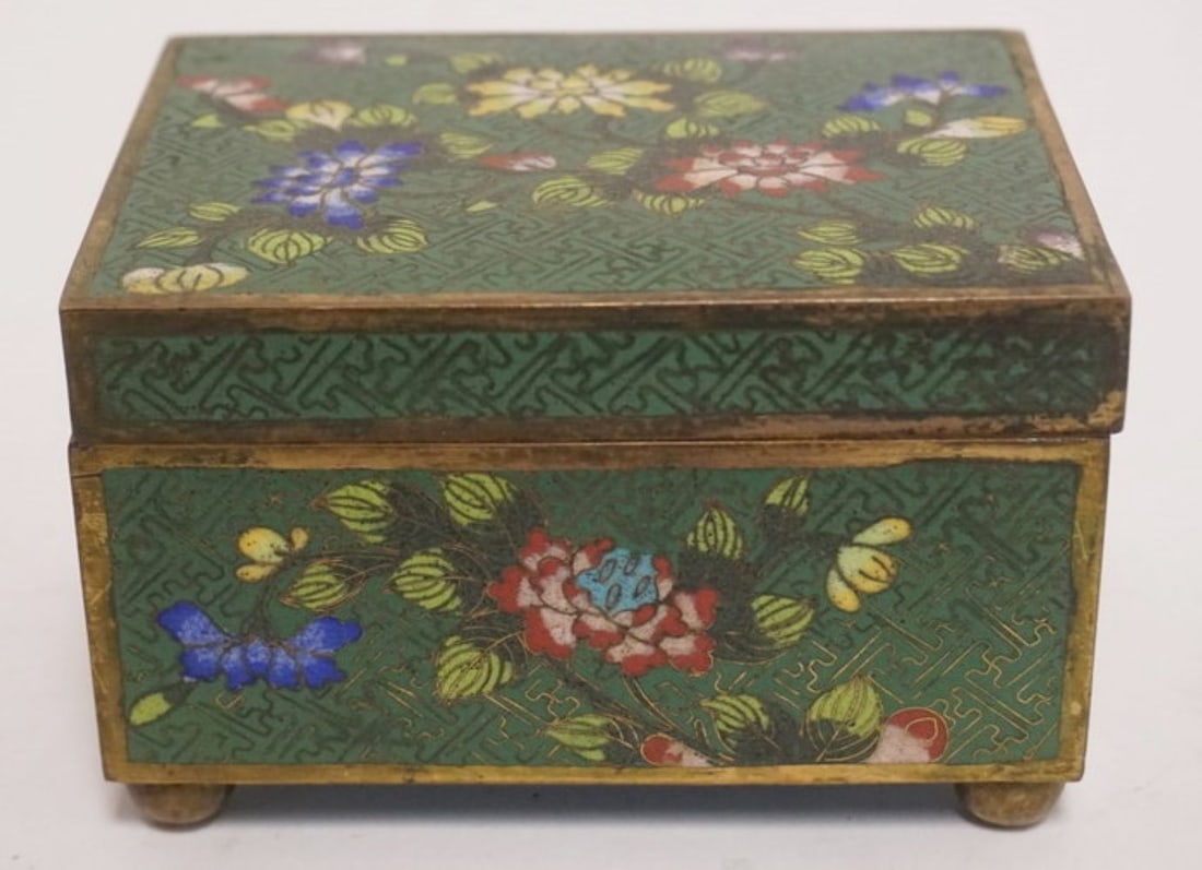 CLOISONNE HINGED TRINKET/DRESSER BOX: CLOISONNE HINGED TRINKET/DRESSER BOX W/IMAGES OF FLOWERS ON BRANCHES ALL AROUND, APPROXIMATELY 3 1/2 IN X 4 1/2 IN X 3 IN