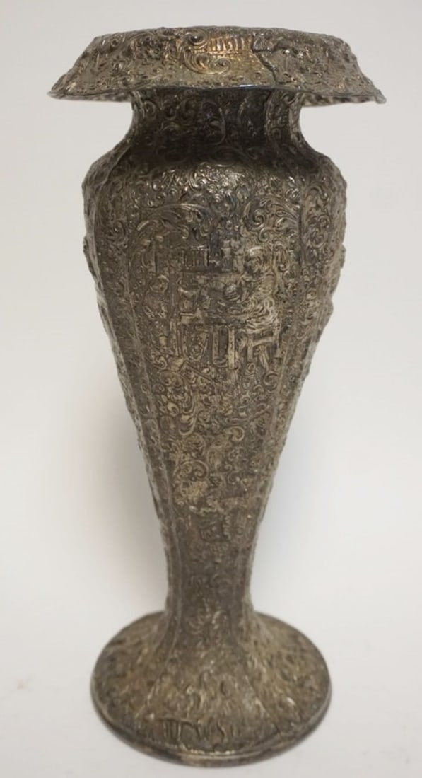 ORNATE SILVERPLATE VASE: ORNATE SILVERPLATE VASE W/EMBOSSED IMAGES OF ENGLISH PUB SCENE THROUGHOUT, BARBOUR SILVERPLATE CO, APPROXIMATELY 13 IN HIGH