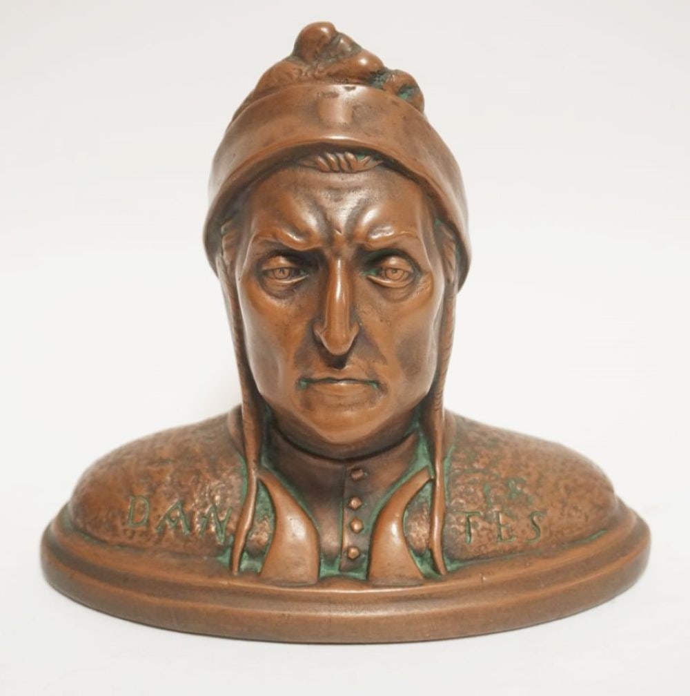 BRONZE WRAPPED BUST: BRONZE WRAPPED BUST OF DONTE ALIGHIERE, APPROXIMATELY 10 IN X 4 3/4 IN X 9 IN HIGH
