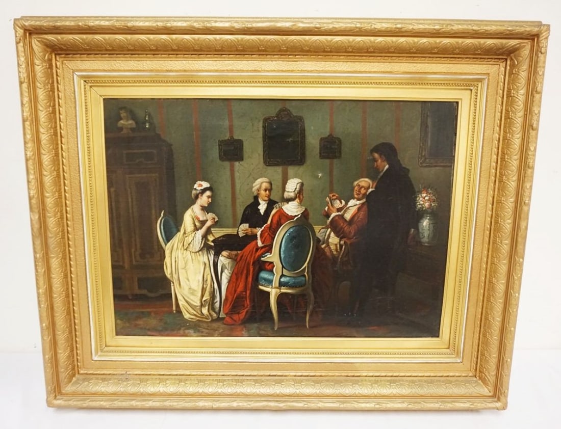 ANTIQUE OIL PAINTING ON CANVAS: ANTIQUE OIL PAINTING ON CANVAS PARLOR SCENE OF PEOPLE GATHERED AT TABLE PLAYING CARDS, SMALL TEAR IN CANVAS, APPROXIMATELY 35 IN X 28 IN OVERALL