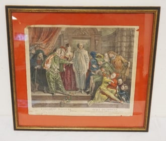 FRAMED COLORED ENGRAVING ITALIAN COMEDIANS