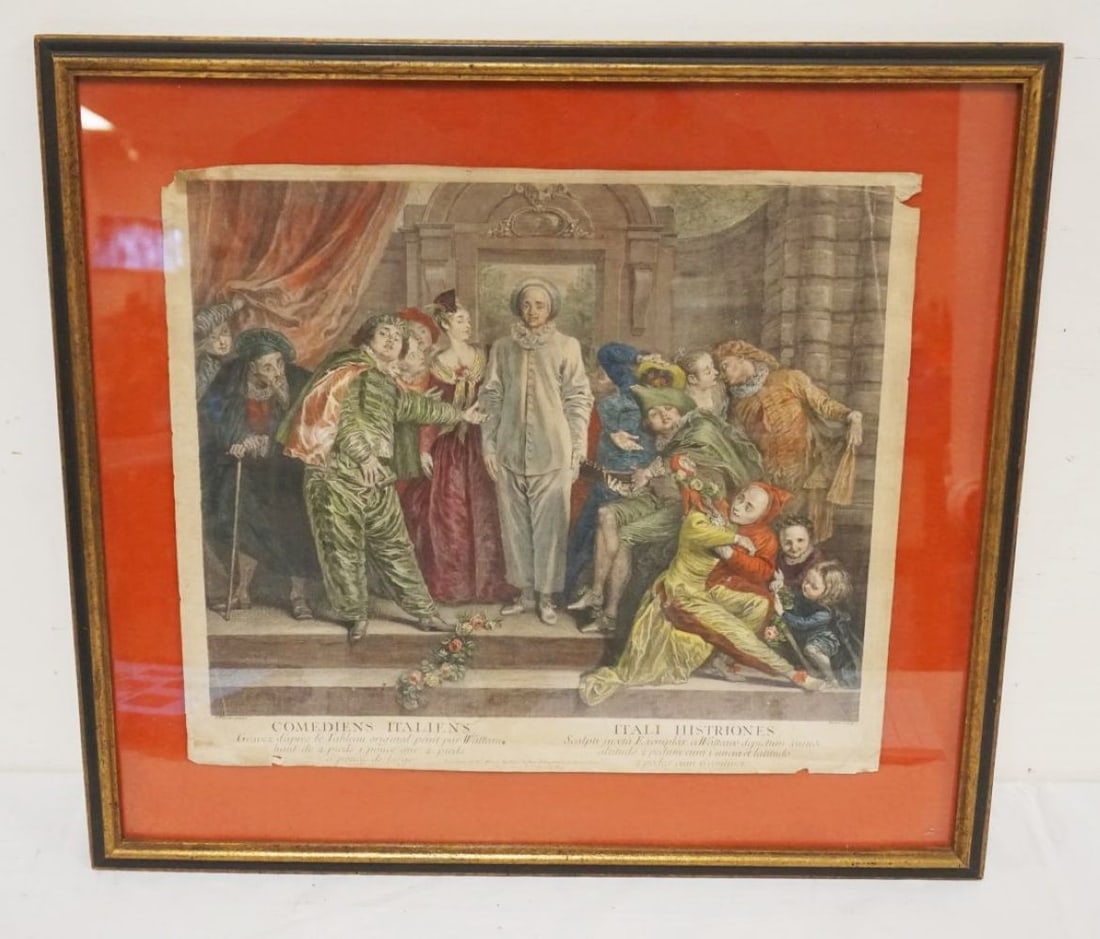 FRAMED COLORED ENGRAVING ITALIAN COMEDIANS (1 of 5)