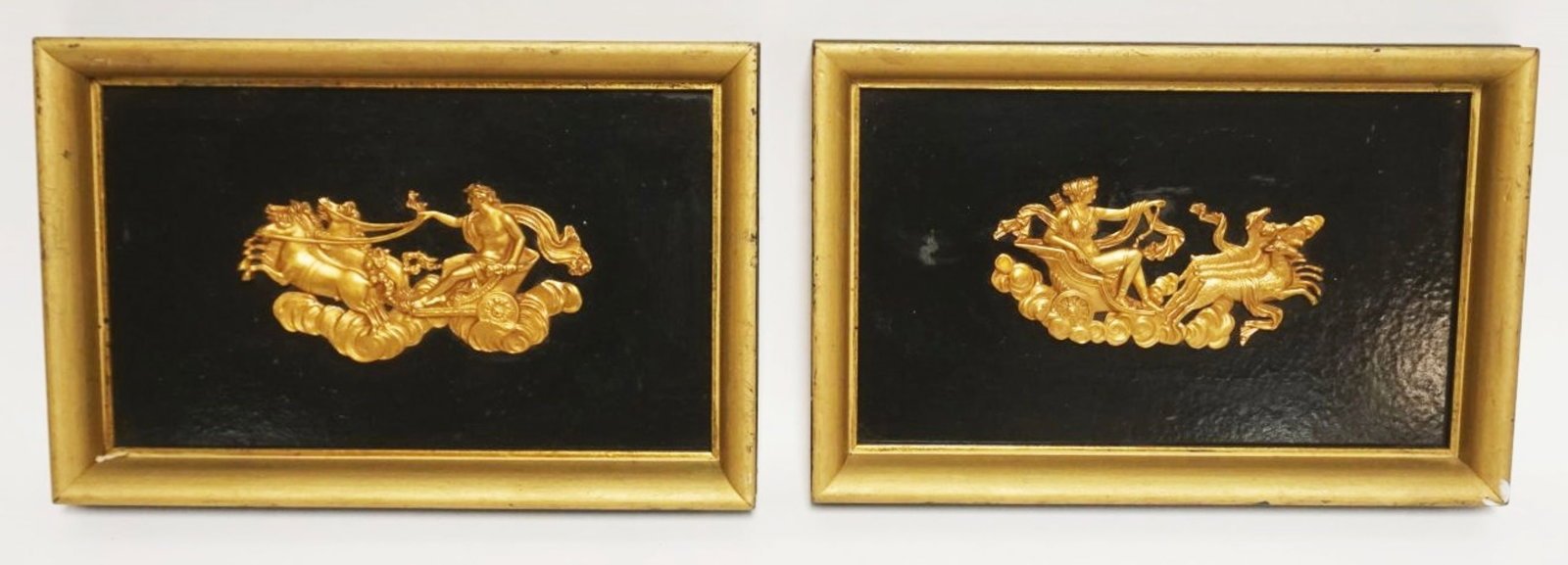 EMBOSSED GILT METAL CHARIOTS: EMBOSSED GILT METAL GREEK MYTHICAL FIGURES IN HORSE DRAWN CHARIOTS MOUNTED IN FRAMES, EACH APPROXIMATELY 8 IN X 12 IN OVERALL
