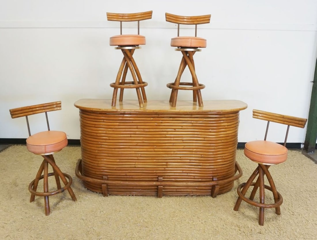 VINTAGE TIKI STYLE BAMBOO BAR W/4 BAR STOOLS (1 of 8)
