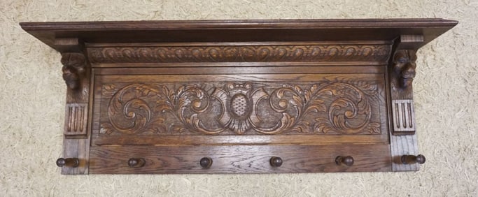 CARVED OAK HANGING COAT RACK SHELF