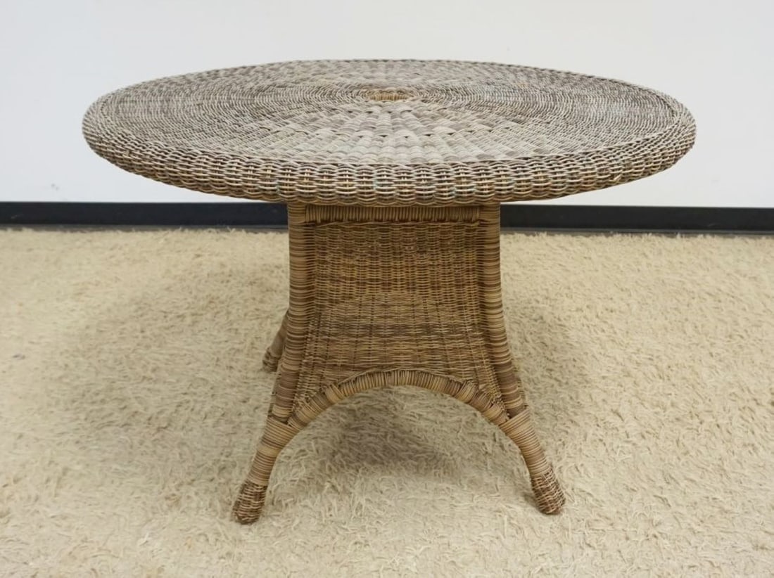 ROUND WOVEN PATIO TABLE: ROUND WOVEN PATIO TABLE, APPROXIMATELY 42 IN X 29 IN HIGH