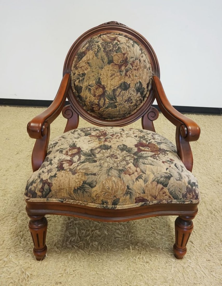FLORAL UPHOLSTERED MEDALION BACK ARMCHAIR (1 of 4)