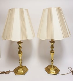 PAIR OF HEAVY BRASS CANDESTICK LAMPS