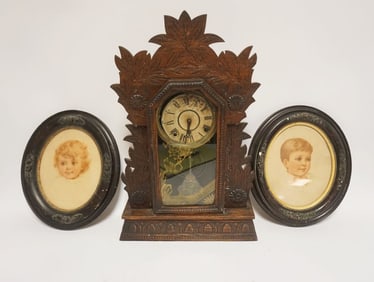 ANTIQUE GILBERT PRESSED WOOD KITCHEN CLOCK, ETC