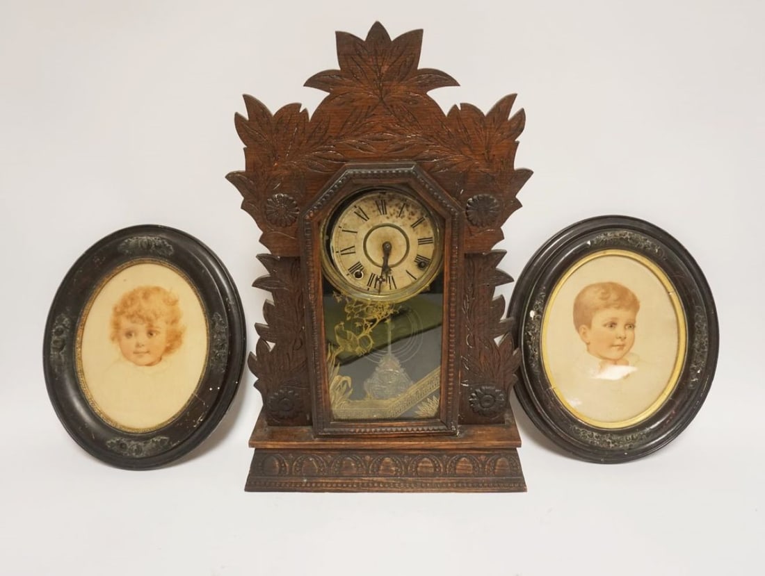 ANTIQUE GILBERT PRESSED WOOD KITCHEN CLOCK, ETC (1 of 2)