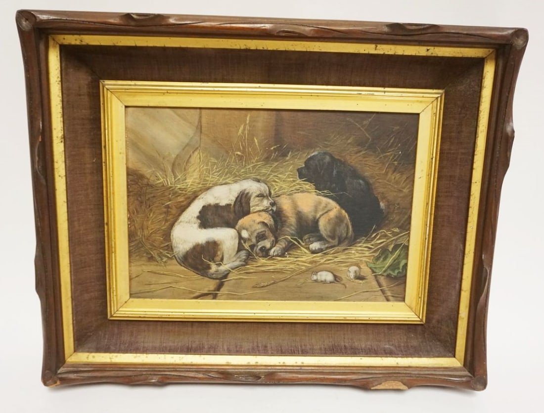 PAINTING ON BOARD OF PUPPIES: PAINTING ON BOARD OF PUPPIES SLEEPING ON STRAW W/MICE, APPROXIMATELY 18 1/2 IN X 14 1/2 IN