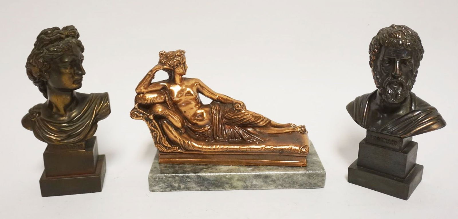 GROUP OF CAST METAL NEOCLASSICAL BUSTS: GROUP OF CAST METAL NEOCLASSICAL BUSTS & RECLINING WOMAN, BUSTS STAMPED MADE IN GREECE, TALLEST APPROXIMATELY 7 IN