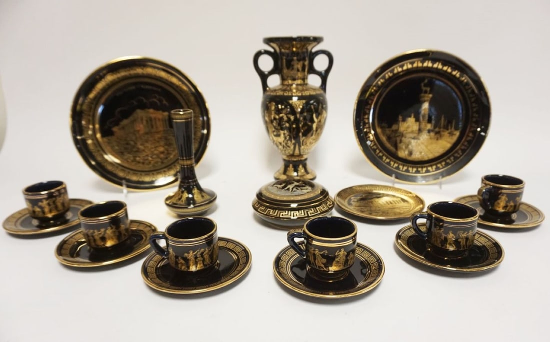 GROUP OF ASSORTED VINTAGE GREEK CHINA: GROUP OF ASSORTED VINTAGE GREEK CHINA W/24 KT GOLD ACCENTS & DESIGN INCLUDING 10 IN DOUBLE HANDLED URN, 2-9 1/2 IN PLATES, COVERED JAR & 6 TEACUPS W/UNDER PLATES