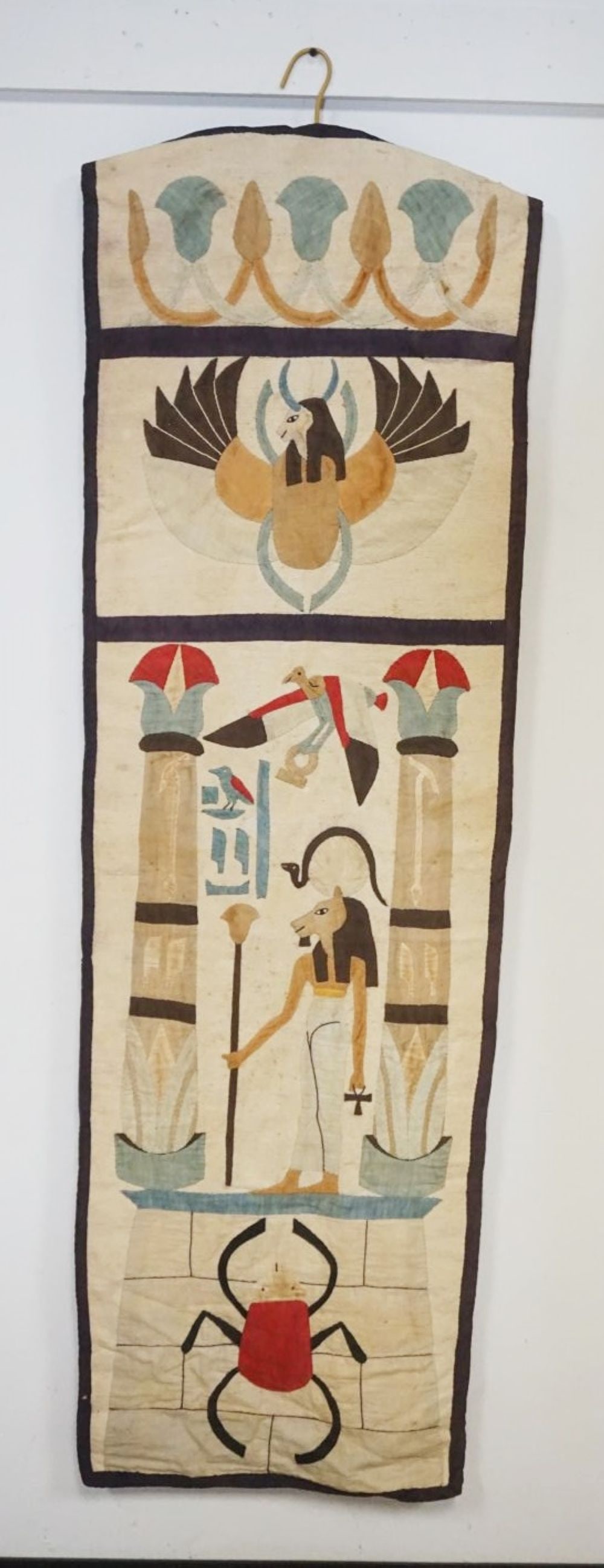 EGYPTIAN HANGING HAND SEWN TAPESTRY: EGYPTIAN HANGING HAND SEWN TAPESTRY, APPROXIMATELY 19 IN X 60 IN