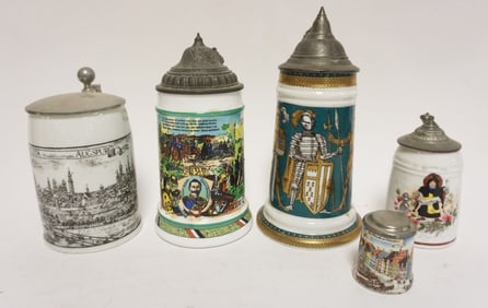 GROUP OF 5 VINTAGE GERMAN STEINS