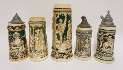 GROUP OF 5 VINTAGE GERMAN STEINS/MUGS