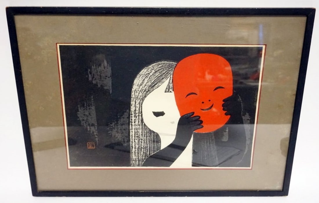 FRAMED & MATTED WOODBLOCK PRINT: FRAMED & MATTED WOODBLOCK PRINT OF CHILD W/MASK, APPROXIMATELY 16 IN X 22 IN OVERALL