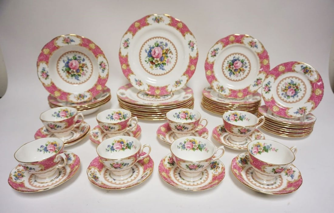 ROYAL ALBERT FINE BONE CHINA: ROYAL ALBERT FINE BONE CHINA *LADY CARLYLE* 40 PIECES INCLDUING 9-10 1/2 IN PLATES, 9-8 1/4 IN PLATES, 9-6 1/4 INPLATES, 5-8 1/4 IN BOWLS, 8 CUPS & SAUCERS