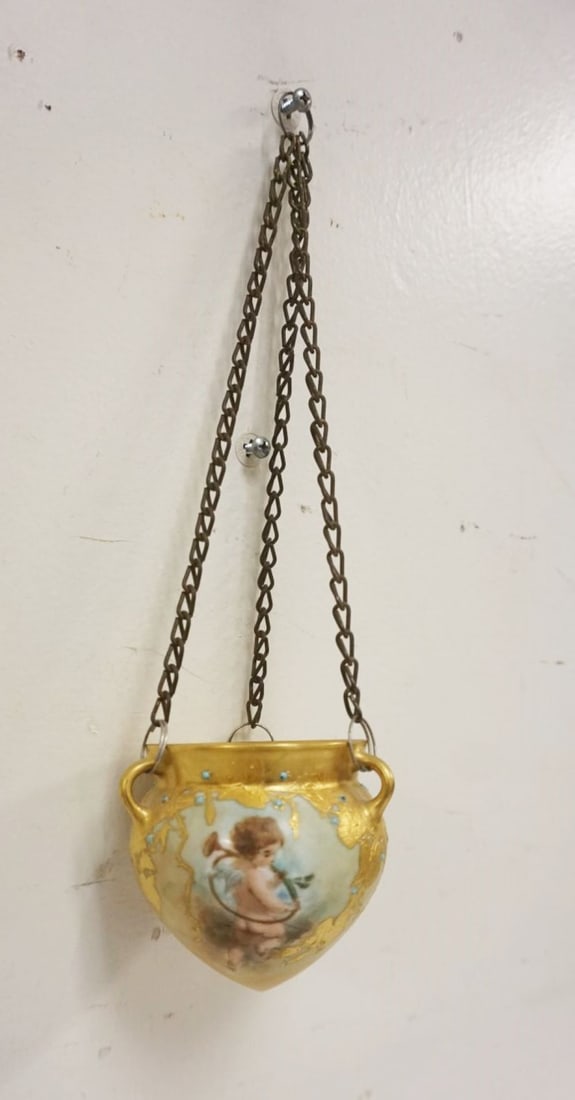 MINIATURE PORCELAIN HANGING PLANTER: MINIATURE PORCELAIN HANGING PLANTER W/IMAGES OF CHERUBS & GILT ACCENTS, APPROXIMATELY 3 1/2 IN HIGH