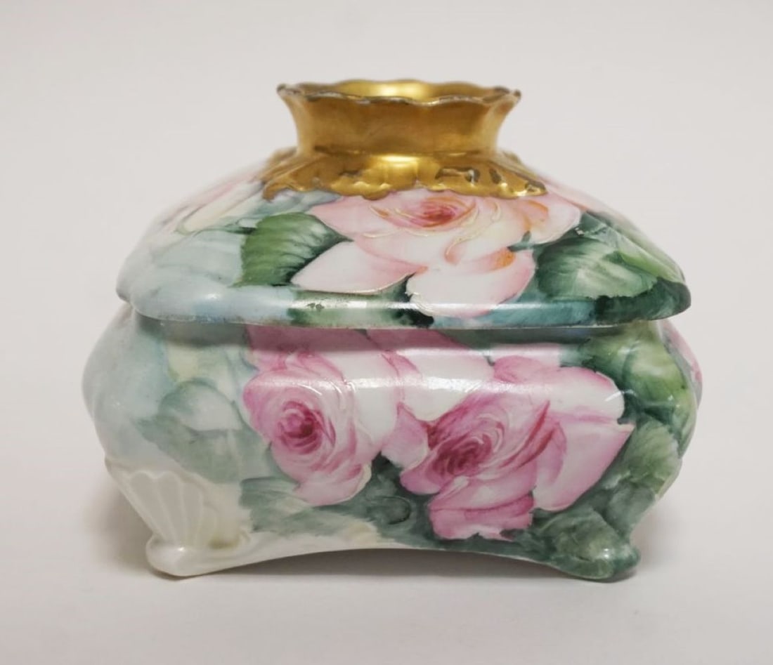 AUSTRIAN HAND PAINTED HAIR RECEIVER: AUSTRIAN HAND PAINTED HAIR RECEIVER, PAINTED ROSES W/GILT ACCENT TOP, ARTIST SIGNED, APPROXIMATELY 5 IN SQUARE X 4 IN HIGH