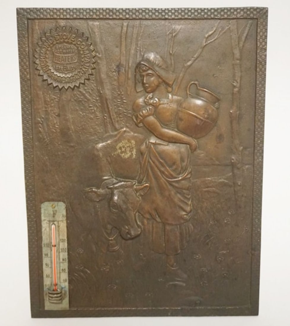 EMBOSSED METAL ADVERTISING PLAQUE: EMBOSSED METAL ADVERTISING PLAQUE FOR RICHMOND STOVE CO., IMAGE OF COW AND WOMAN WITH MILK PAIL THERMOMETER MOUNTED ON LEFT, APPROXIMATELY 9 IN X 12 IN