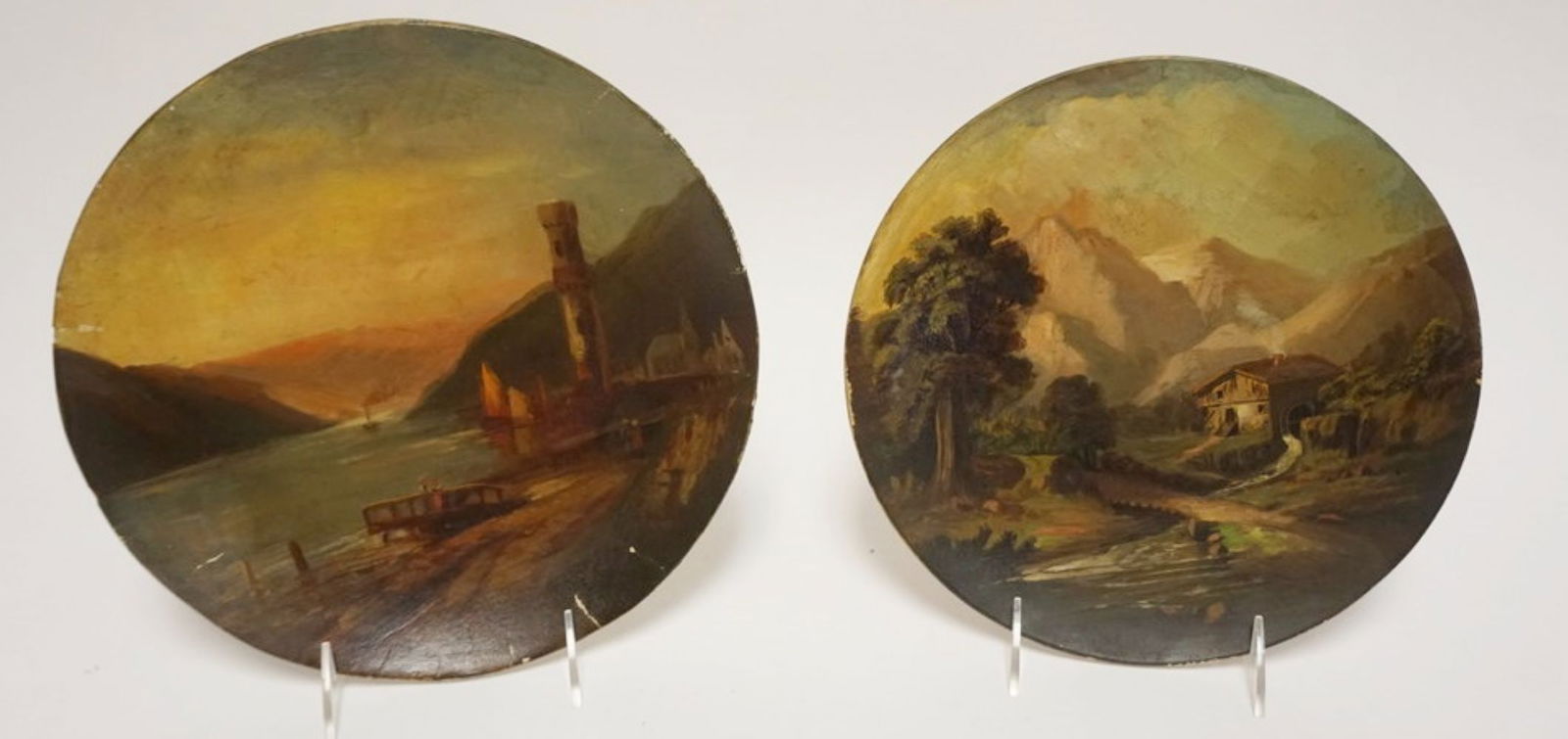 OIL PAINTING ON PLATES: 2 OIL PAINTINGS ON PLATES, HARBOR SCENE ON PAPER MACHE AND MILL WITH WATER WHEEL ON REDWARE, GALLOWAY & GRAFF CO. PHILADELPHIA, APPROXIMATELY 10 IN
