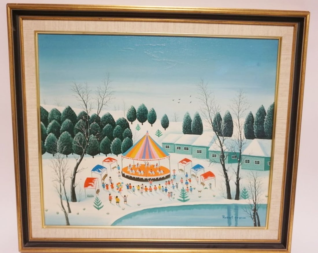 ROBERT FOX OIL PAINTING: ROBERT FOX OIL PAINTING ON CANVAS, FOLK ART STYLE OF WINTER CARNIVAL, APPROXIMATELY 25 IN X 29 IN OVERALL