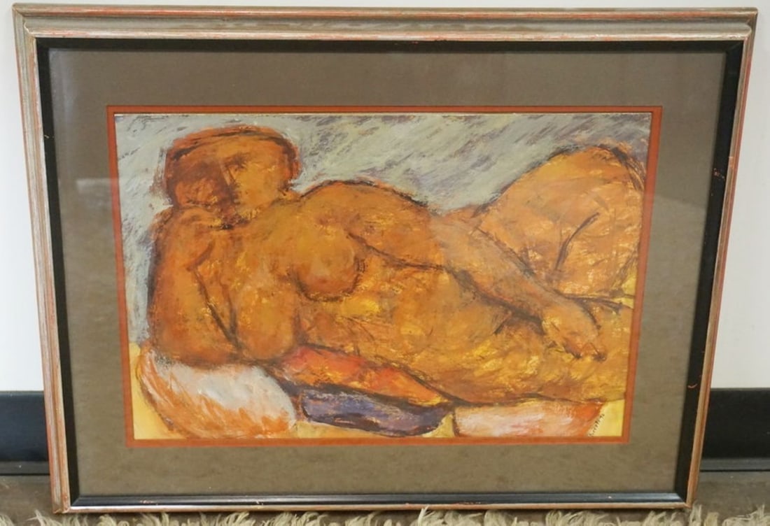 ARNALDO MICCOLI PAINTING: ARNALDO MICCOLI FRAMED AND MATTED PAINTING OF NUDE RECLINING WOMAN UNDER GLASS, APPROXIMATELY 26 IN X 20 IN OVERALL