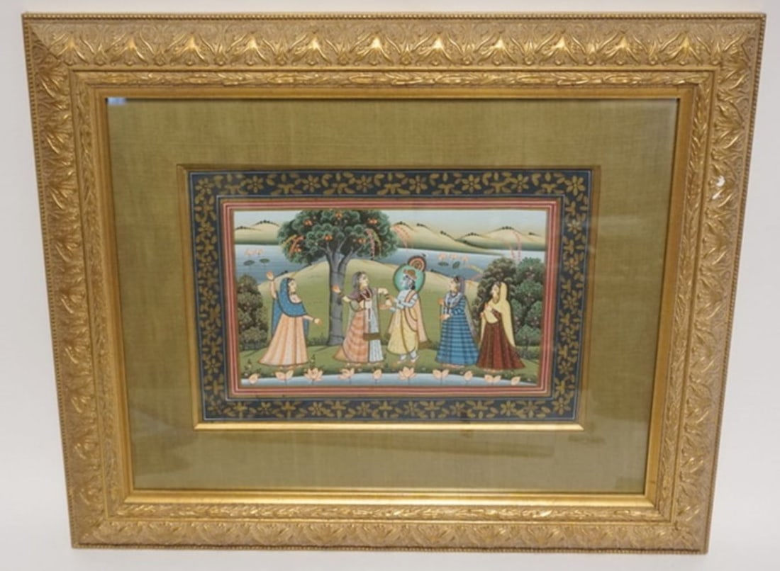PERSIAN PAINTING UNDER GLASS: FRAMED AND MATTED PERSIAN PAINTING UNDER GLASS, APPROXIMATELY 19 IN X 23 IN OVERALL