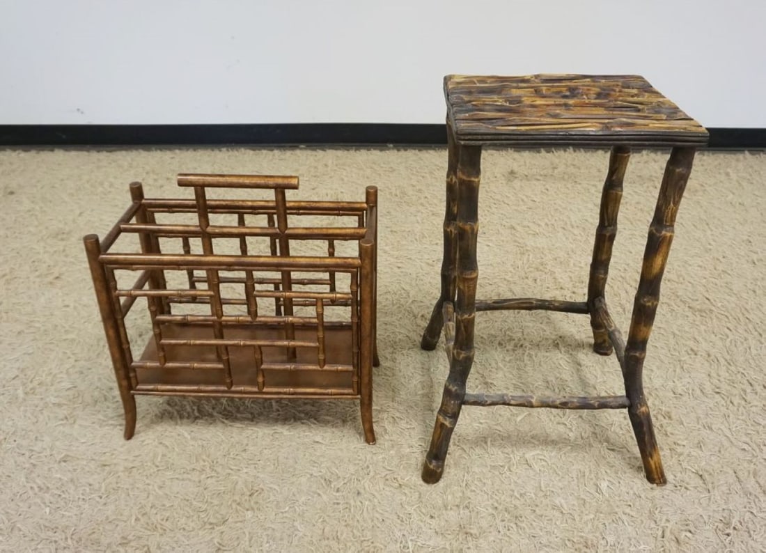FAUX BAMBOO STAND AND MAGAZINE RACK: FAUX BAMBOO STAND AND MAGAZINE RACK, STAND APPROXIMATELY 13 IN X 15 IN X 27 IN H