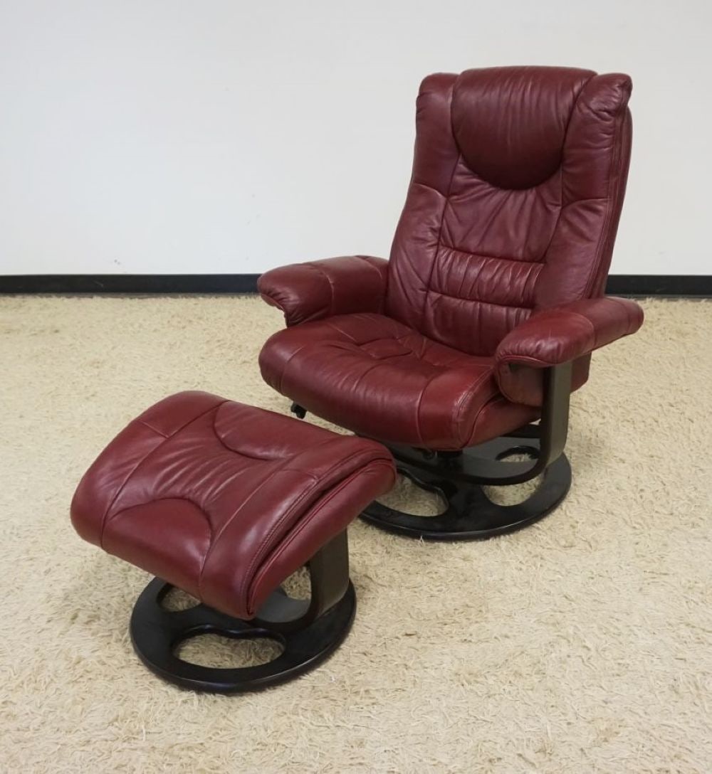 LANE BUSSANDY LEATHER MCM STYLE RECLING CHAIR: LANE BUSSANDY LEATHER MID CENTURY MODERN STYLE SWIVEL ARM RECLINING CHAIR AND STOOL