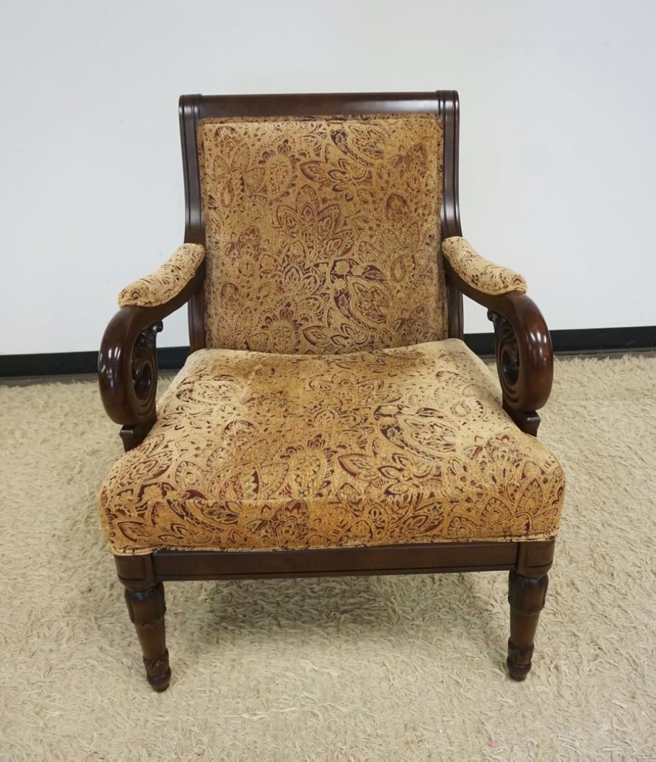 NAJA RIAM FURNITURE CO ARM CHAIR: NAJA RIAM FURNITURE CO. SCROLLED ARM, UPHOLSTERED CHIAR,