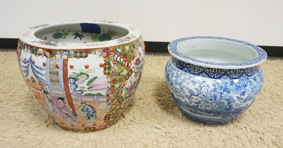 KOI FISH BOWL AND JARDINEER: KOI FISH BOWL AND BLUE AND WHITE JARDINEER, LARGEST APPROXIMATELY 16 ON X 16 IN H. FISH BOWL HAS HOLE IN BACK