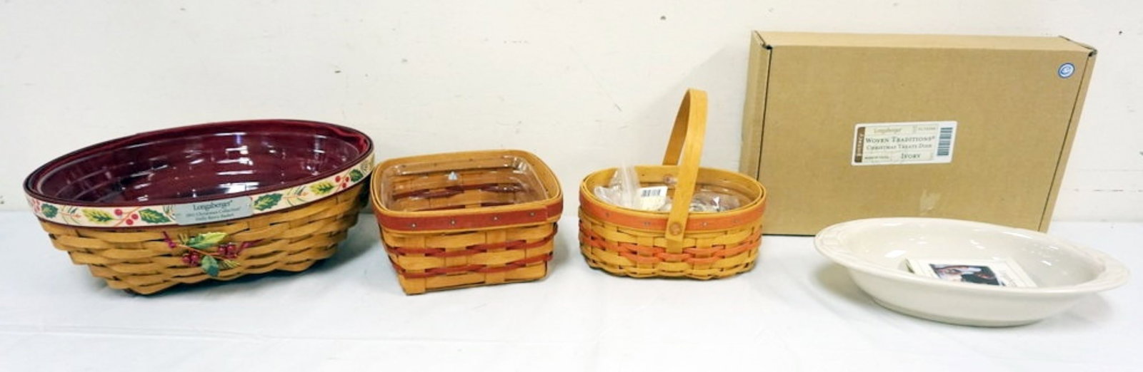 ASSORTED LONGABERGER BASKETS: ASSORTED LONGABERGER WOVEN TRADITION CHRISTMAS TREATS DISH, MED BERRY 1996, 1999 SM BERRY AND 2011 HOLLY BERRY