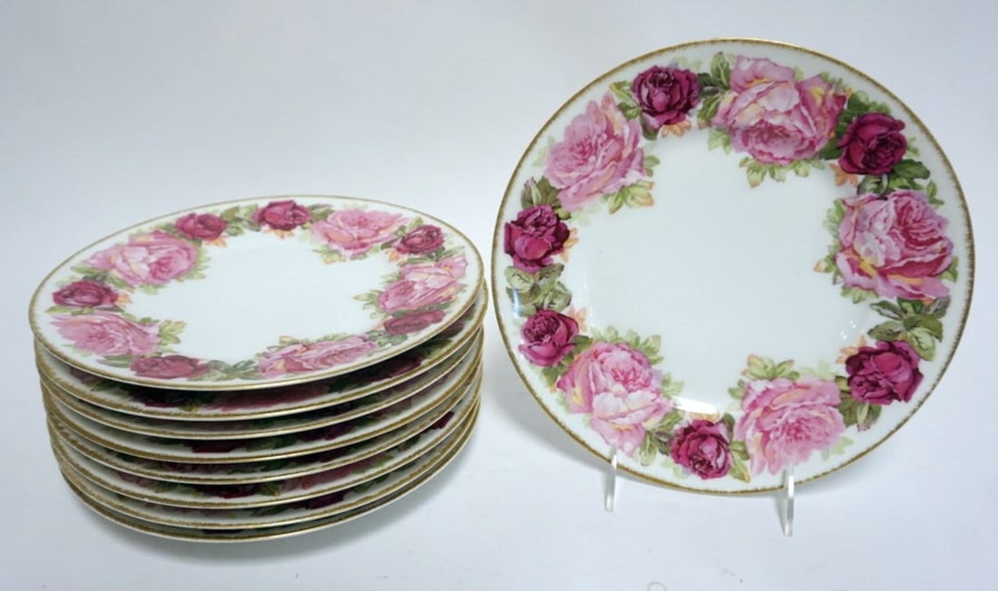 LIMOGES PLATES HIGGENS & SEITER PLATES: LIMOGES PLATES HIGGENS & SEITER 9-9 3/4 IN PLATES W/FIGURAL ROSE BORDER & GILT EDGE, L BONARDVAD & CO