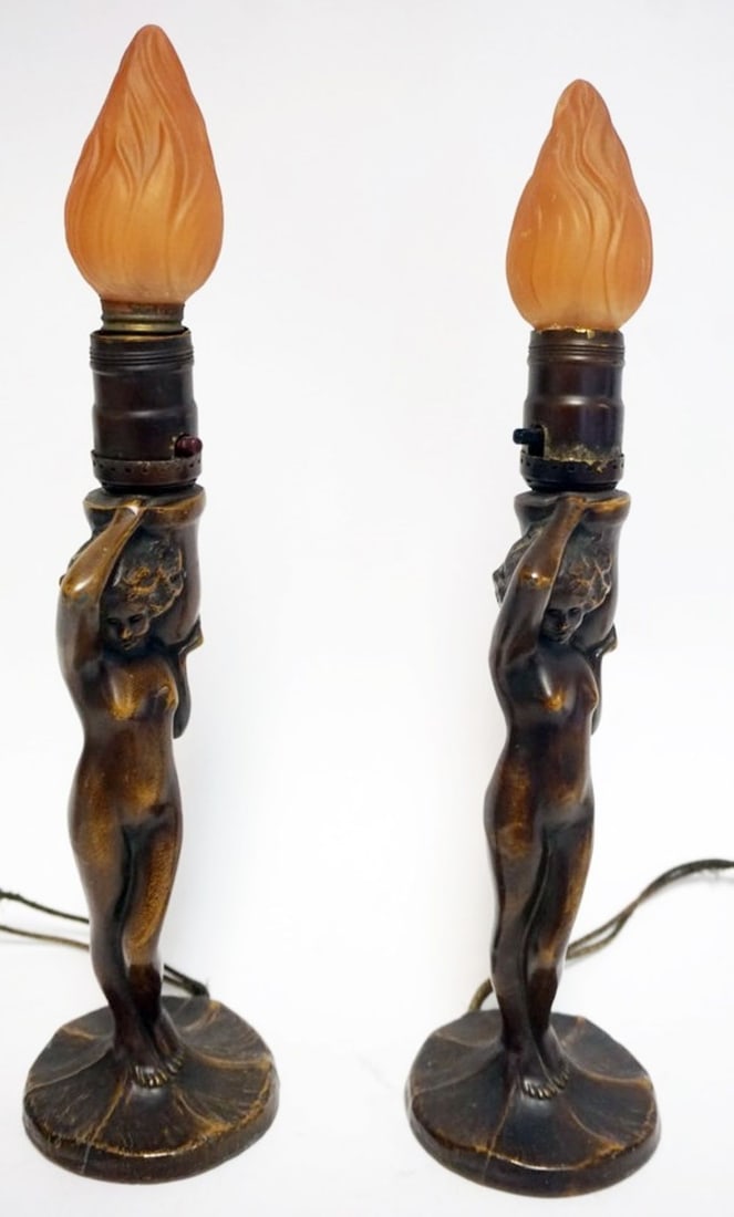 ANTIQUE ART NOUVEAU CAST METAL NUDE LAMPS: ANTIQUE ART NOUVEAU CAST METAL NUDE LAMPS IN BRONZE FINISH, DATED 1923, EACH APPROXIMATELY 15 IN HIGH