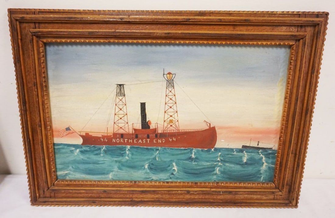 NAUTICAL OIL PAINTING ON BOARD: NAUTICAL OIL PAINTING ON BOARD OF SHIP *44 NORTHWEST END 44* APPROXIMATELY 14 IN X 20 IN OVERALL