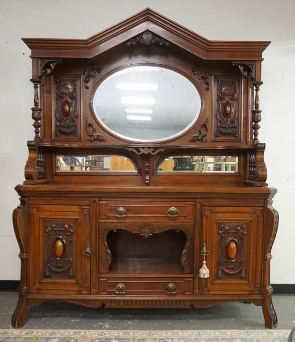 VICTORIAN HEAVY CARVED WALNUT 2 PART SIDEBOARD (1 of 9)