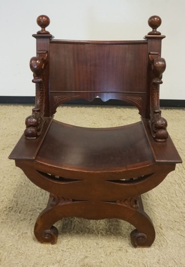 MAHOGANY CARVED SAVONAROLA CHAIR: MAHOGANY CARVED SAVONAROLA CHAIR W/CARVED SWANS SIDES, APPROXIMATELY 27 IN X 23 IN X 39 IN HIGH