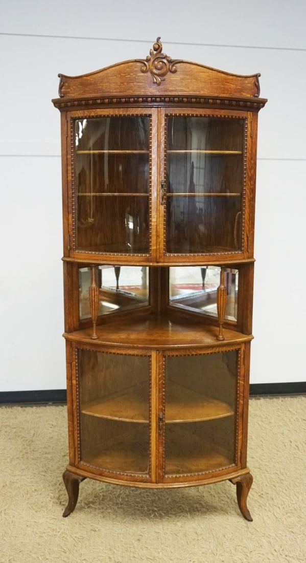 OAK CURVED GLASS CURIO CORNER CABINET (1 of 5)