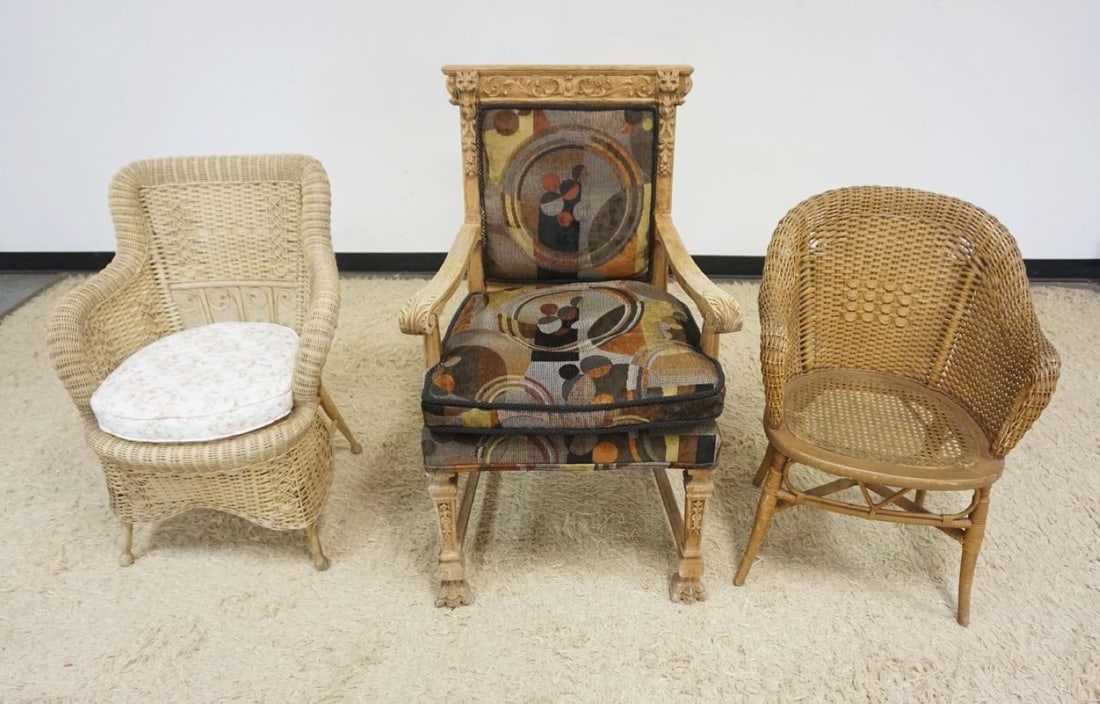 CARVED OAK ARMCHAIR & 2 WICKER ARMCHAIRS: CARVED OAK ARMCHAIR & 2 WICKER ARMCHAIRS