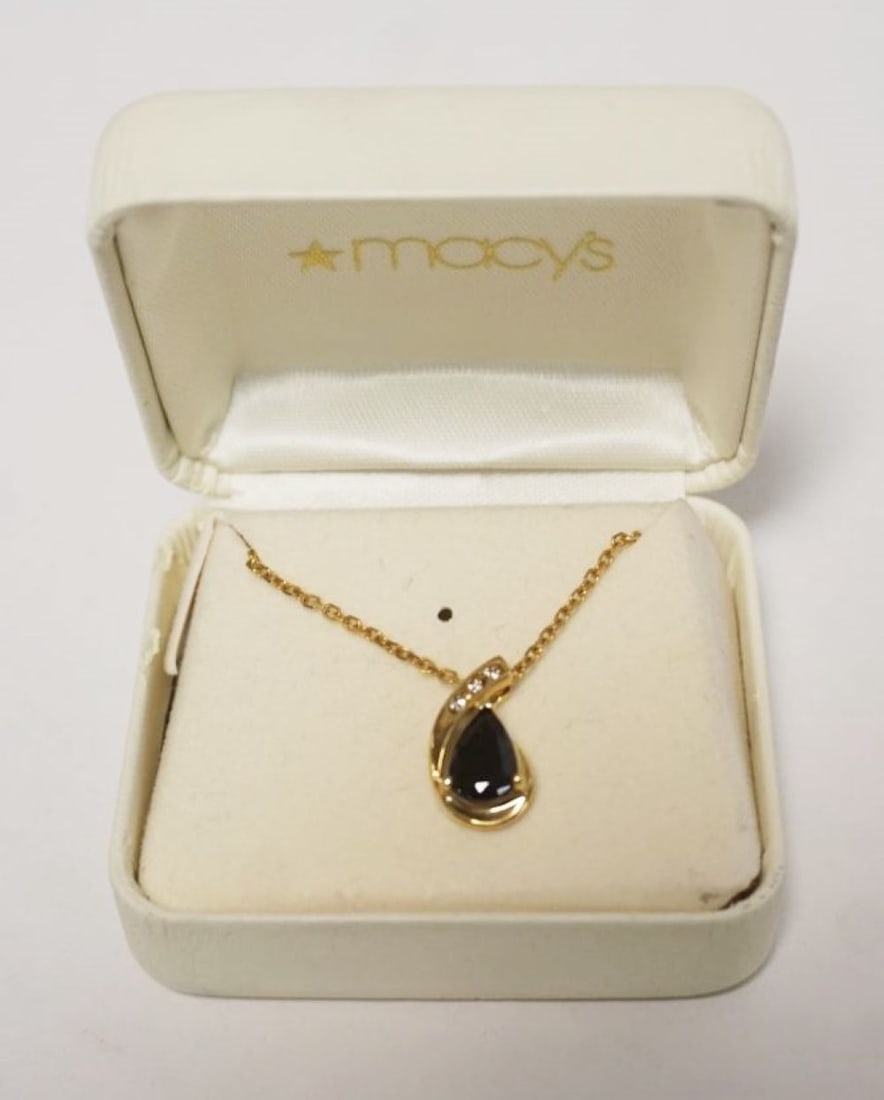 14K DIAMOND AND SAPPHIRE NECKLACE: 14K DIAMOND AND SAPPHIRE NECKLACE, MARKED TURKEY, 2.58 DWT INCLUDING STONES, NECKLACE APPROXIMATELY 15 IN L, STONE APPROXIMATELY 1/2 IN L