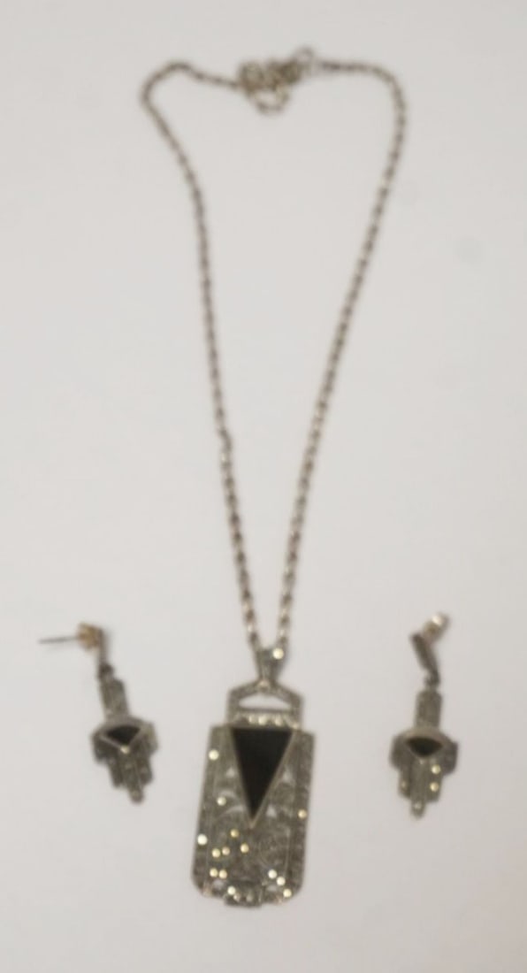 STERLING SILVER MARCASITE AND ONYX NECKLACE AND EARRING SET (1 of 4)