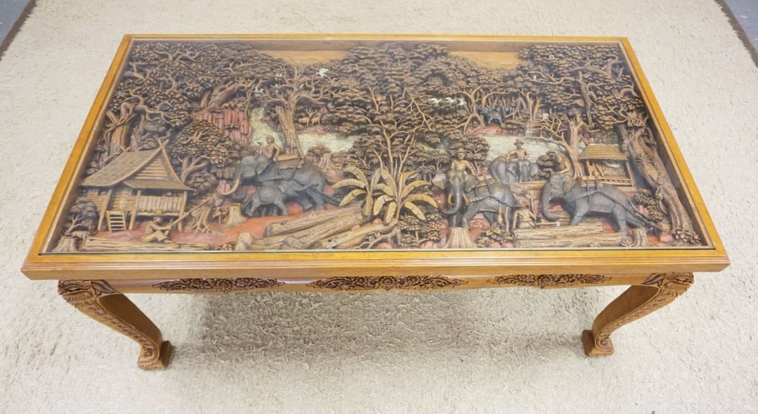 OUTSTANDING HEAVILY CARVED TEAK GLASS TOP DINING TABLE (1 of 13)