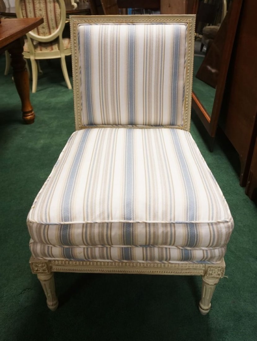 UPHOLSTERED BUDIOR CHAIR: UPHOLSTERED BOUDIOR CHAIR WITH STRIPED FABRIC AND DISTRESSED PAINTED FINISHED FRAME, APPROXIMATELY 21 IN DEEP X 22 IN WIDE