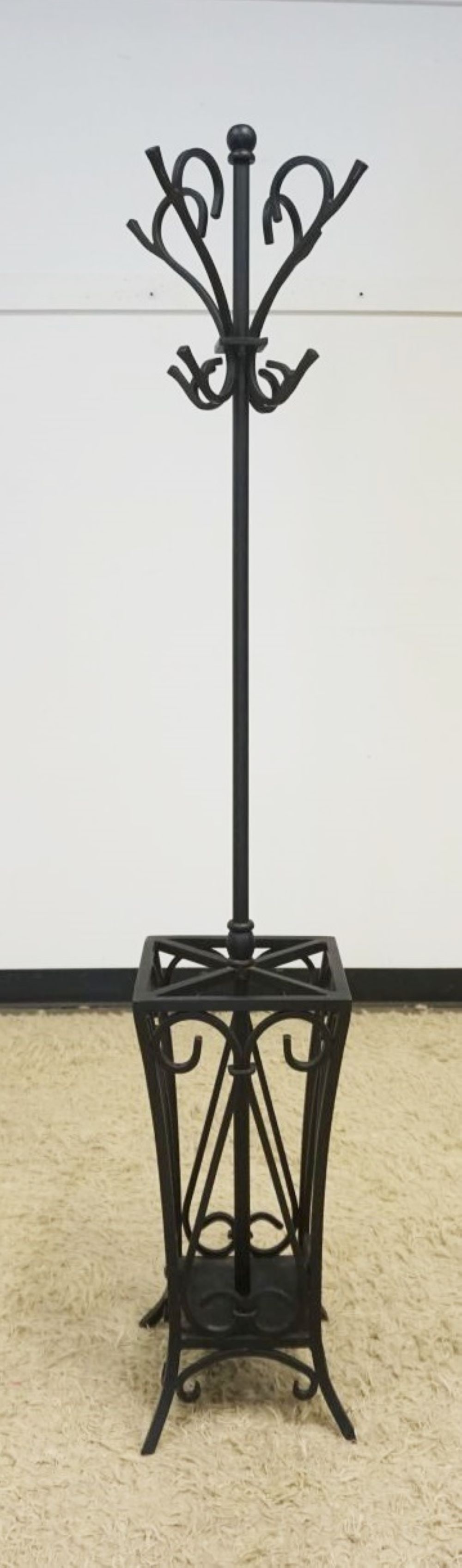 FANCY WROUGHT IRON COAT RACK WITH UMBRELLA STAND: FANCY WROUGHT IRON ENTRYWAY COAT RACK WITH UMBRELLA STAND AT BASE, APPROXIMATELY 69 IN H