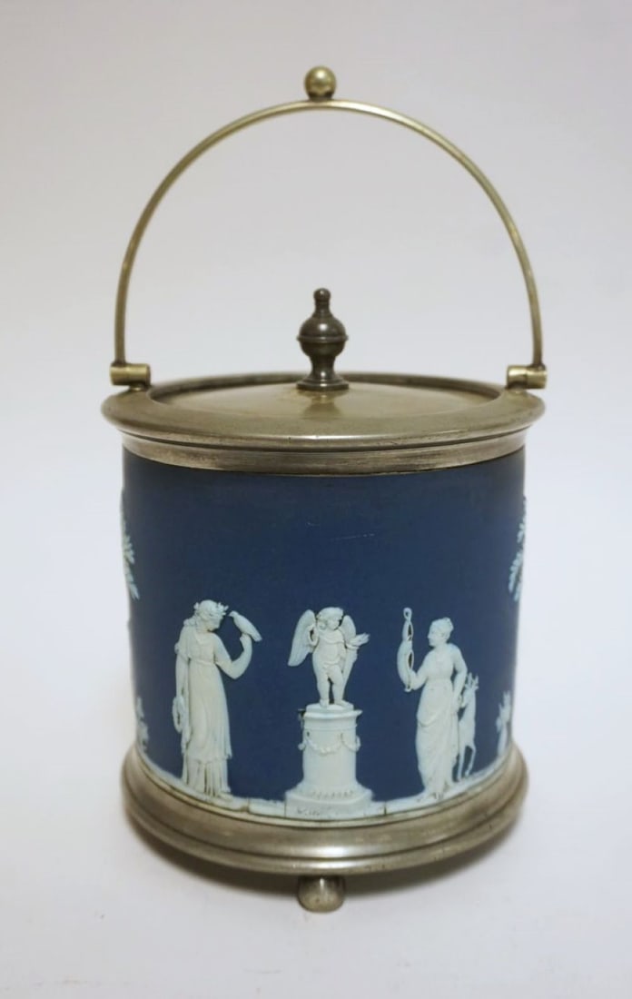 WEDGWOOD BLUE JASPERWARE COVERED BISCUIT JAR: WEDGWOOD BLUE JASPERWARE COVERED BISCUIT JAR, APPROXIMATELY 6 1/2 IN X 6 IN HIGH