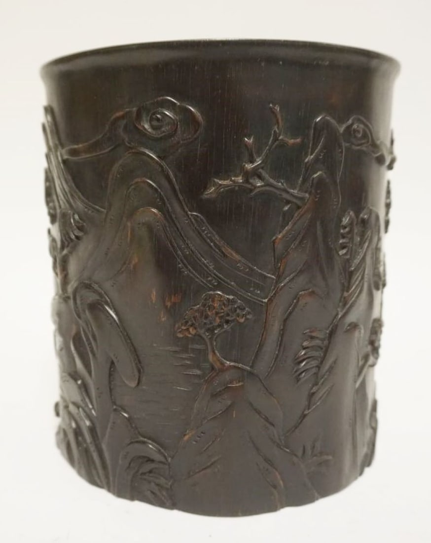 CHINESE CARVED WOODEN BRUSH POT: CHINESE CARVED WOODEN BRUSH POT, APPROXIMATELY 7 IN X 8 IN HIGH