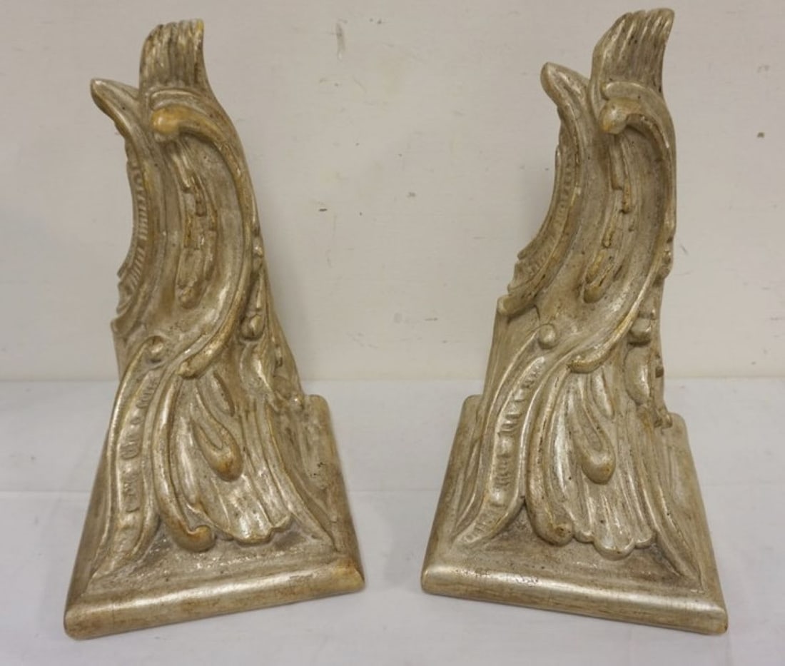 ORNATE GILT SILVER WALL SHELVES: PAIR OF ORNATE GILT SILVER STYLE WALL SHELVES, EACH APPROXIMATELY 9 IN X 8 IN X 14 IN H